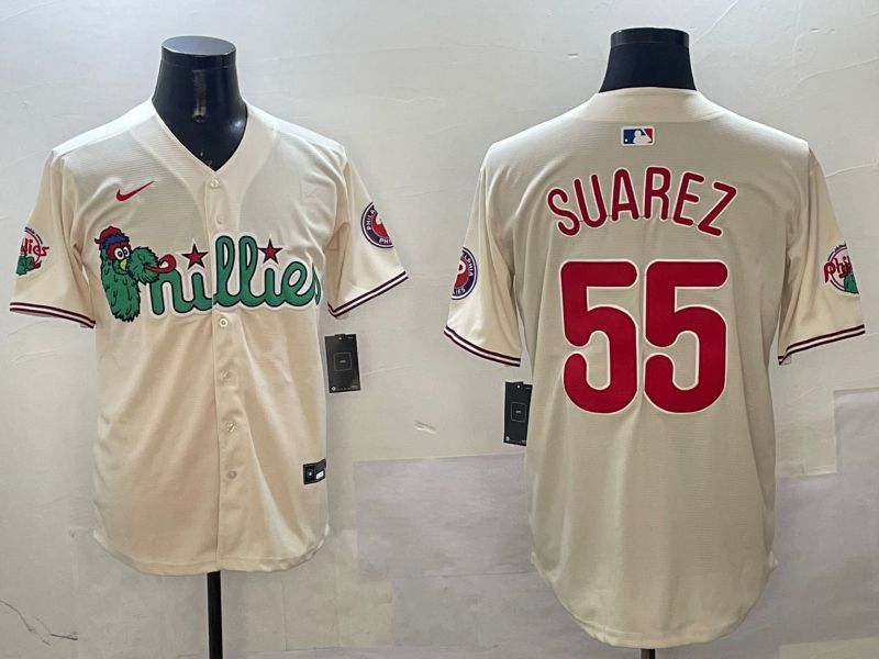 Men Philadelphia Phillies #55 Suarez Cream Three generations Joint Name Game 2025 Nike MLB Jersey style 1